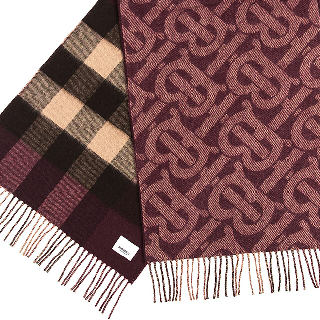 バーバリー BURBERRY リバーシブル カシミアマフラー （カシミヤ） バーガンディー（モノグラム柄）80340881