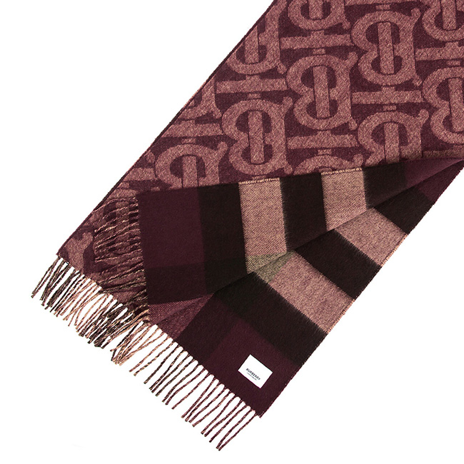 バーバリー BURBERRY リバーシブル カシミアマフラー （カシミヤ） バーガンディー（モノグラム柄）80340881