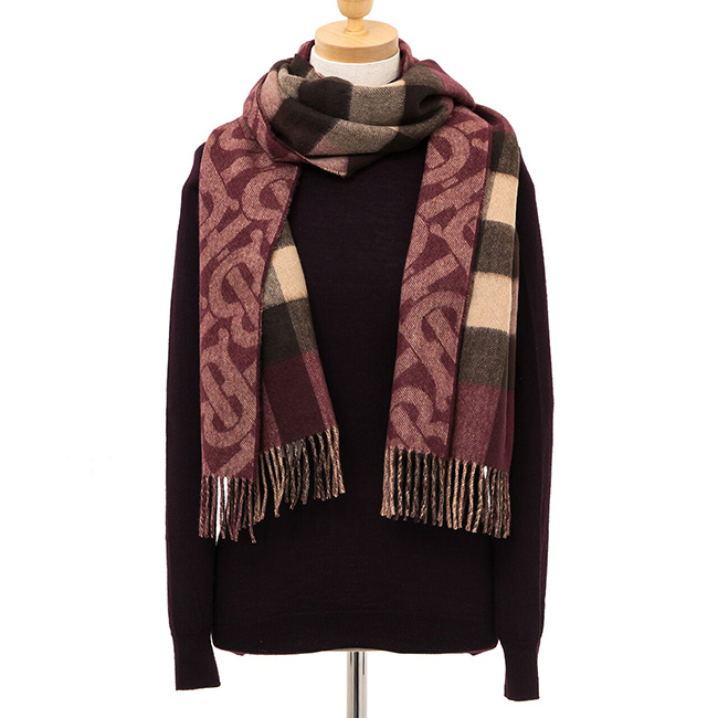 バーバリー BURBERRY リバーシブル カシミアマフラー （カシミヤ） バーガンディー（モノグラム柄）80340881